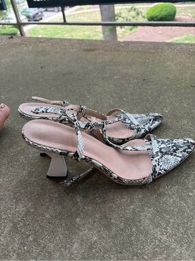Snake-Print Slingback Heels in Black & White